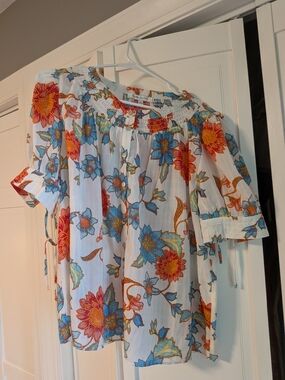 Rose & Olive White Floral Off-Shoulder Blouse with Blue and Orange Flowers
